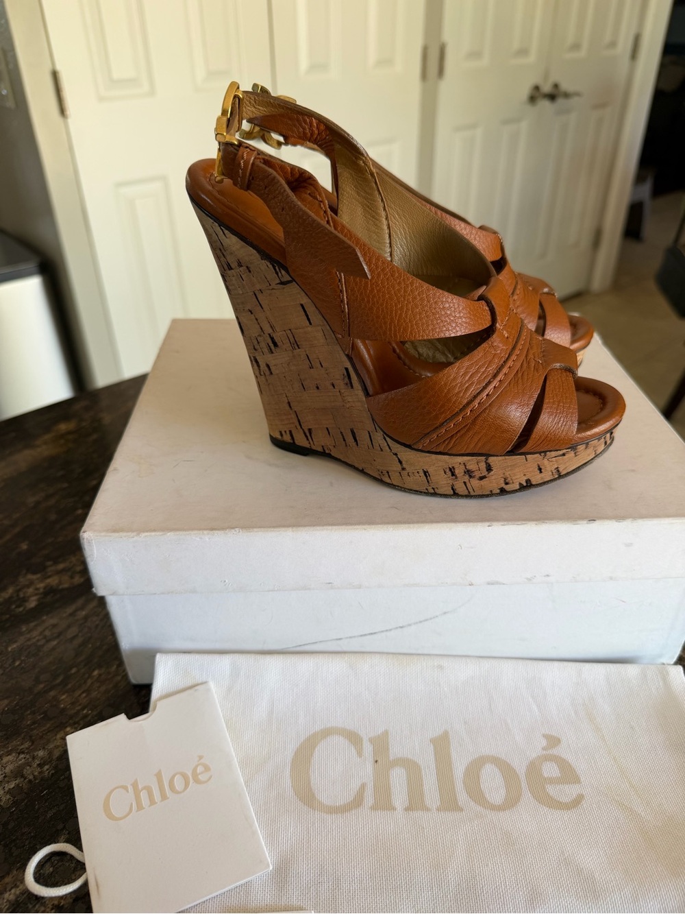 Chloé Tan Leather Cork Wedge Sandals - Picture 9 of 9